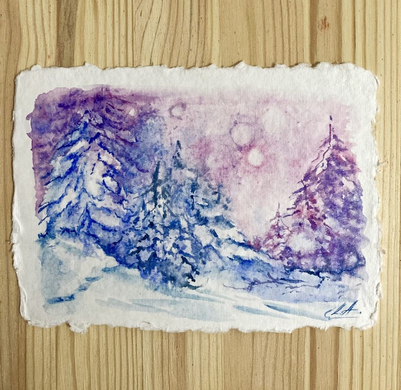 Winter Snow Watercolor Original painting Handmade Paper Vintage ACEO
