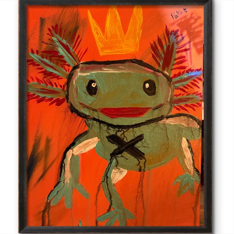 Axolotl King of the Pond Whimsical Animal Art Painting 14×11 Canvas Signed