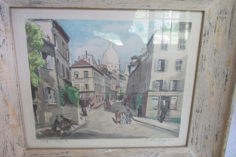 Framed Water Colored Lithograph Painting on Board Paris Street Signed Perrifor
