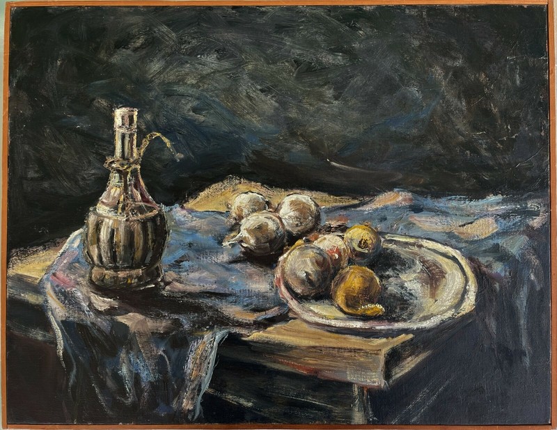 26.5″ Signed Oil Painting Still Life Objects on Table on Canvas Signed Rigg
