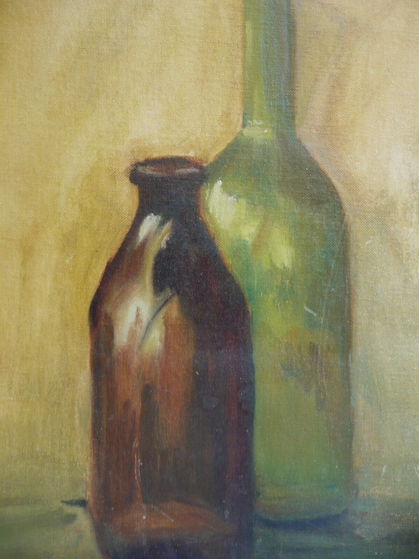 SNOW, VINTAGE MID CENTURY MODERN, BOTTLES STILL LIFE IMPRESSIONIST OLD OIL 70s gallery