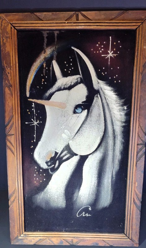 Vintage White Unicorn Black Velvet Painting 23×14 Mexico Rainbow Framed Art MCM