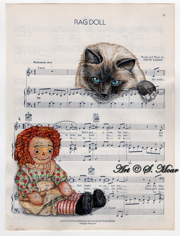 Ragdoll Cat Raggedy Ann Doll Original Art Painting on Sheet Music Ephemera 9×12″