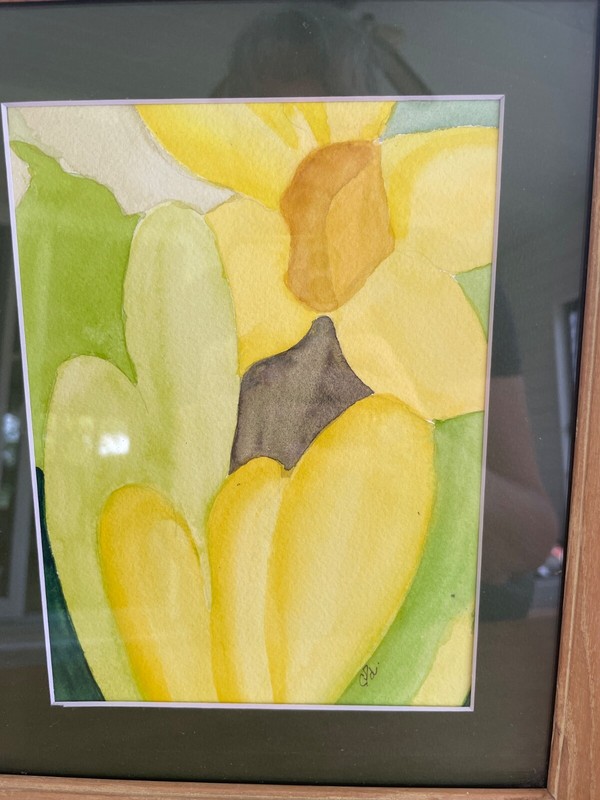 Daffodil Mid- Mod Table Wall 11×9” Wood Frame Glass Deep Green Mat Abstract
