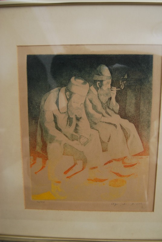 FRAMED SIGNED AMRAM EBGI (LTD. ED 74/100 COLORED ETCHING SITTING MEN JUDAICA ART gallery