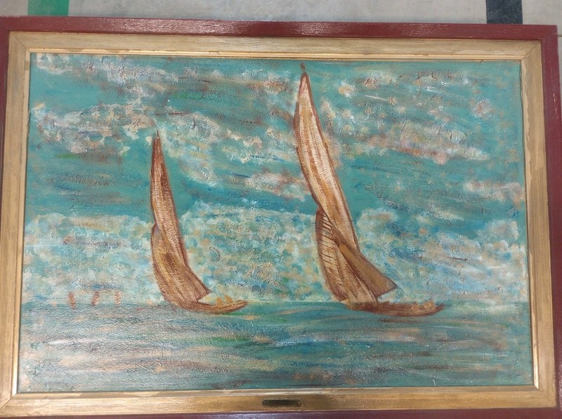 Vintage Original Framed Hanging Wall Art Painting Sailboats Seascape L Lane