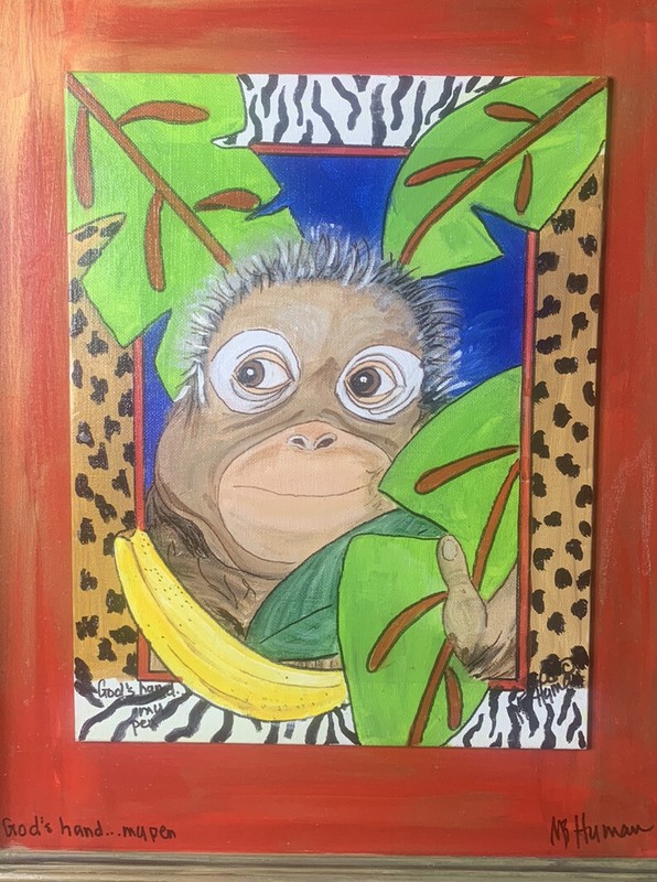 “God’s Hand…My Pen” Framed Acrylic on Canvas Signed By HB Hyman Orangutan Bright gallery