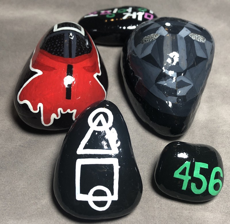 Hand Painted Rock With Acrylic Paint/ Seal With Art Resin/ Squid Game gallery