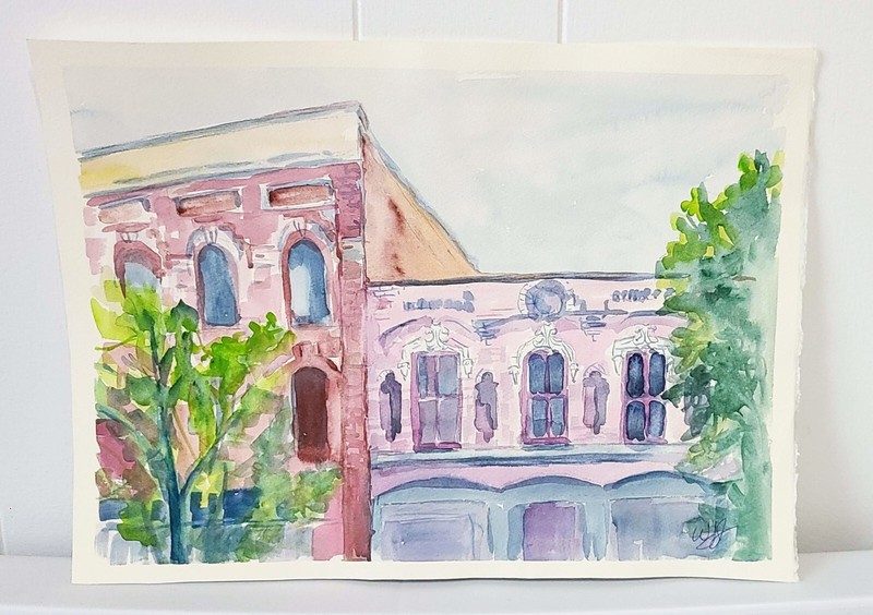 11×15 Original Watercolor Streetscape Historic Buildings Downtown Michigan