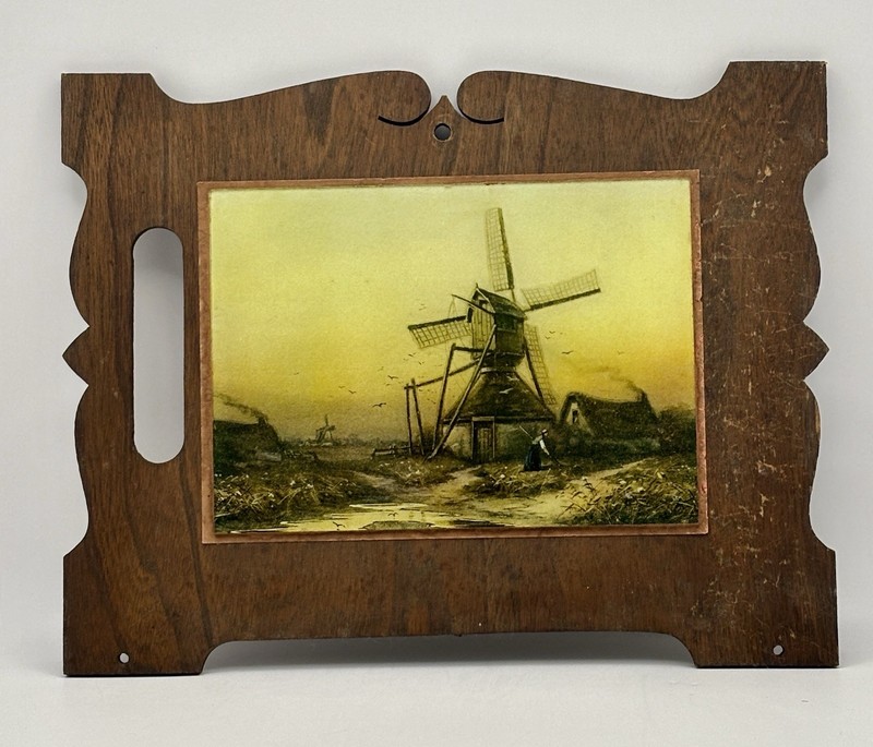Antique Reverse Glass Painted Windmill Scene Old Board Mounted Small 5×7