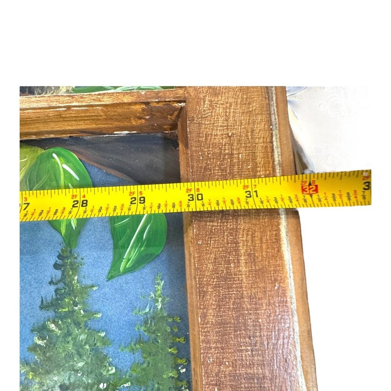 Vintage Janice Palmer Hand-Painted Window Art With Rustic Cabin & Squirrel Scene gallery