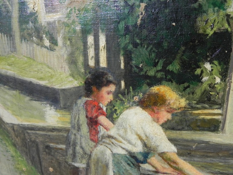 German art 1920's genre painting by Adolf Schlabitz 1854-1943 two girls washing gallery