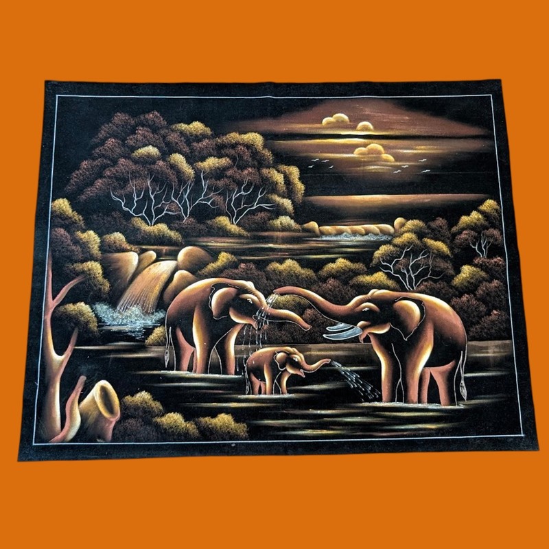 36×28″ VINTAGE HANDPAINTED ORIGINAL ELEPHANT VELVET PAINTING 80s unframed art 1D