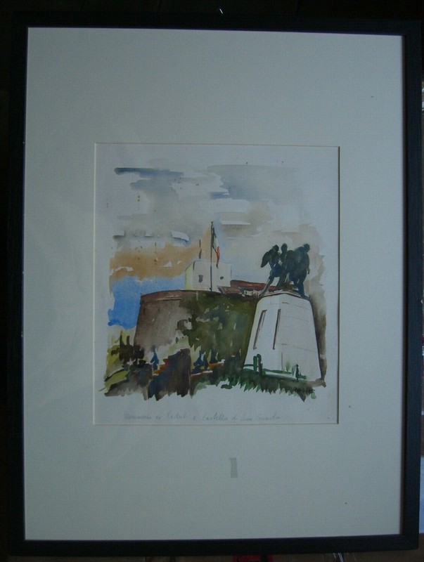 Watercolour, Castello Di San Giusto Monumento Ai Caduti Primi, Signed Antique