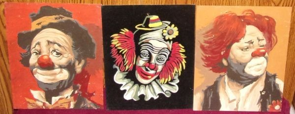 3 VINTAGE HANDPAINTED CLOWN PICTURES. ONE OF VELVET. BEAUTIFULLY DONE.