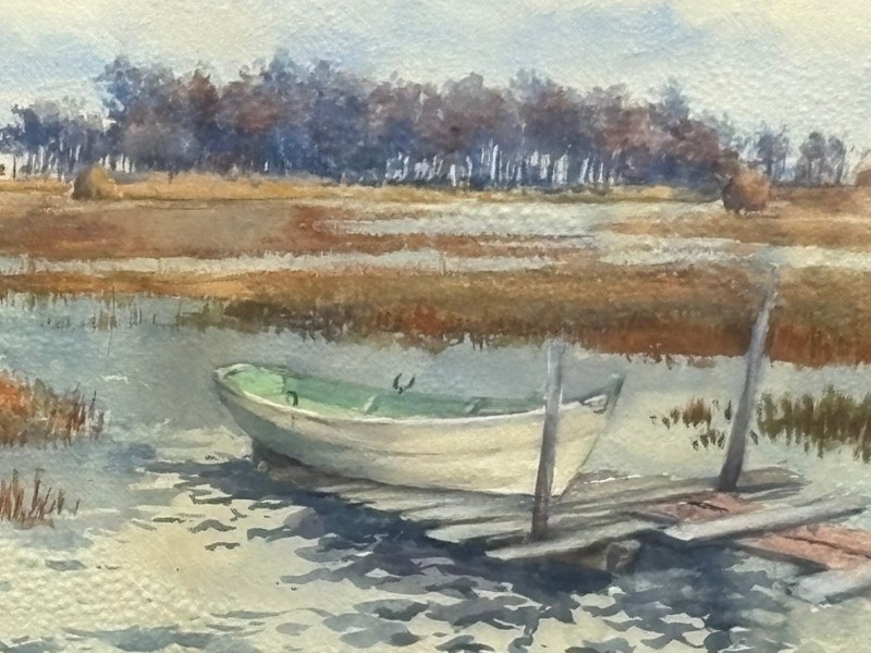 Boat Moored in Wetlands W/C Impressionist Painting-1930s-Alice Cushman-1854-1946 gallery