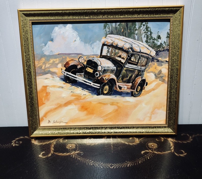 Oil Painting Old Traveling Car-Framed Art By D. Schaefer, 23” Length 19”H