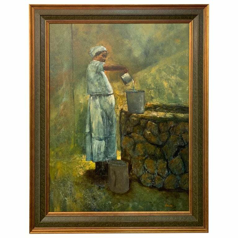 Large Oil on Canvas Figurative Painting of a Farmer Woman by a Well