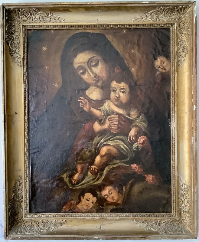 Antique Spanish Colonial Old Master Oil 1690’s – Virgin and Child with Angels
