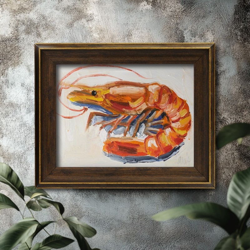 Prawn Oil Painting Shrimp with Lemon Original Wall Art Seafood gallery