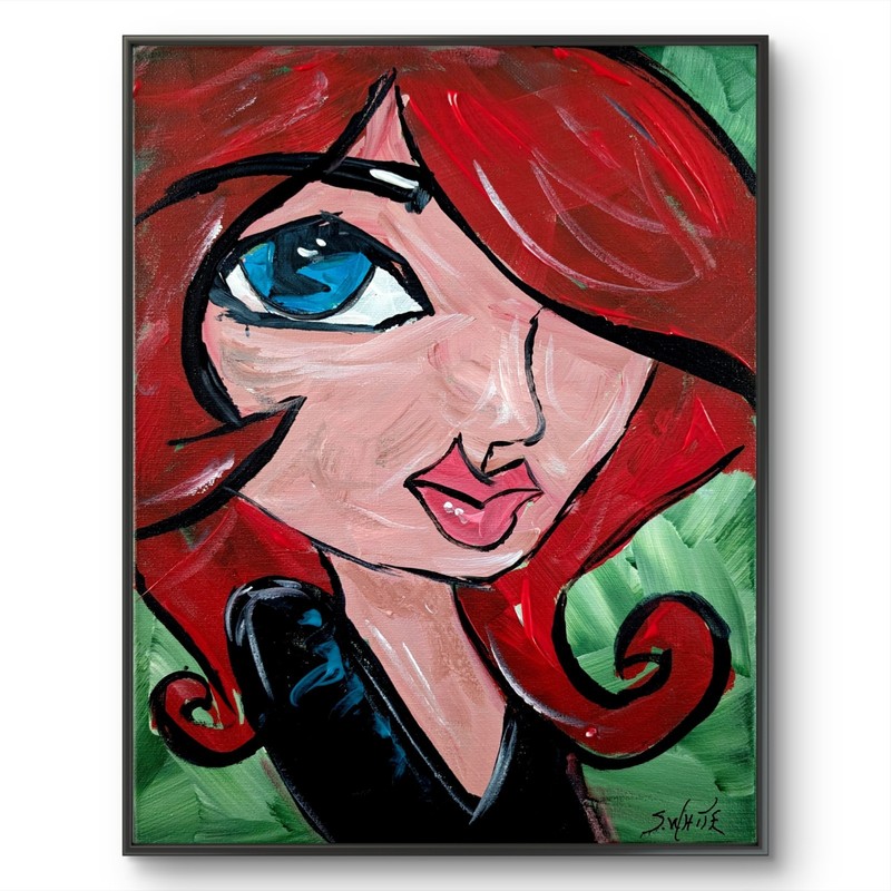 Cartoon Girl 11x14 Original Painting Red Hair Abstract Female Character SWhite