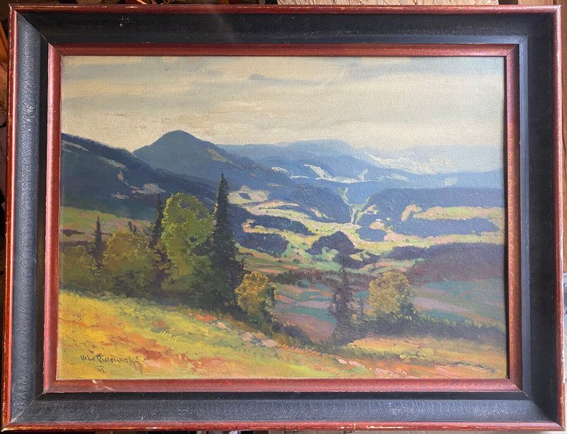 ::MIDDLE MOUNTAIN SUMMER BLACK FOREST OIL PAINTING RULEWSKI 1942 SIGNED ANTIQUE VALLEY OIL