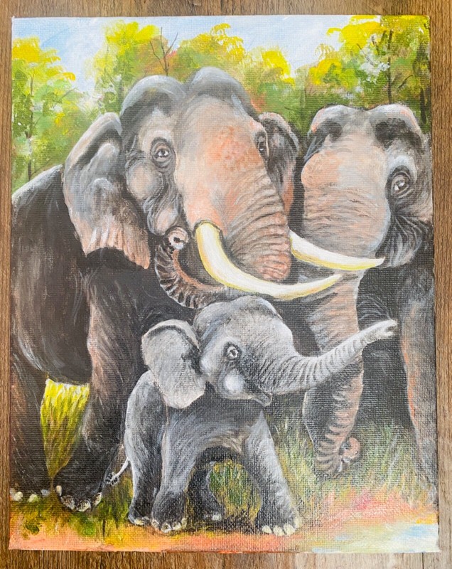 Asian Elephant Family paintings on canvas hand-painted. 8” x 10”