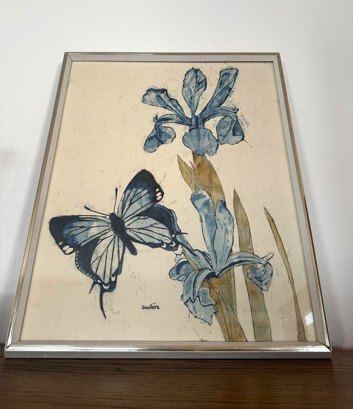 21 x 17 John Soulliere Painting On Silk Butterfly and Iris 1974