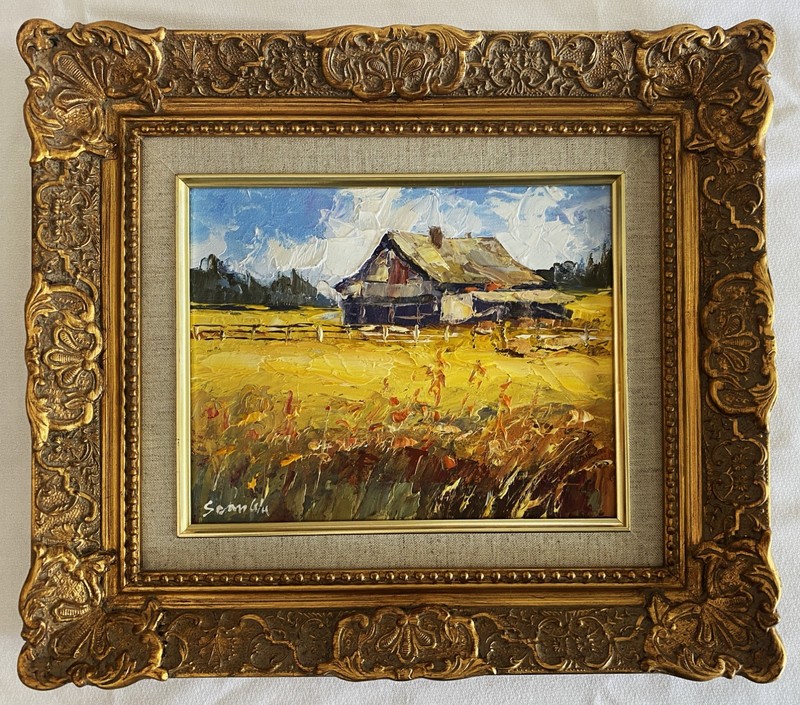 Oil on canvas original impressionist painting-An American Farmhouse-ornate frame