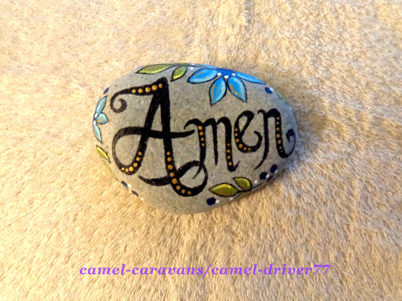 Hand Painted Rock Art Painting – Calligraphy AMEN Floral Design BLUE Gold Flower