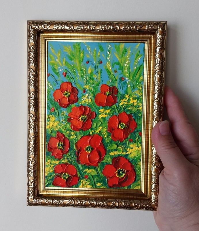 Framed Red Poppies Summer Wild Flowers Art 4x6" Impasto Oil Painting Original gallery