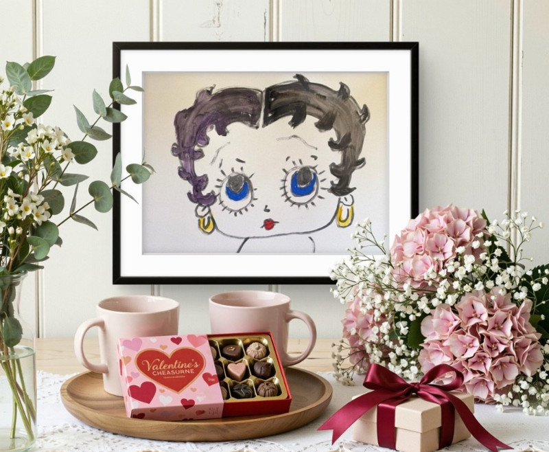 Original Painting POP Art 1950's Cartoon Face Black White Unique Gift Item gallery