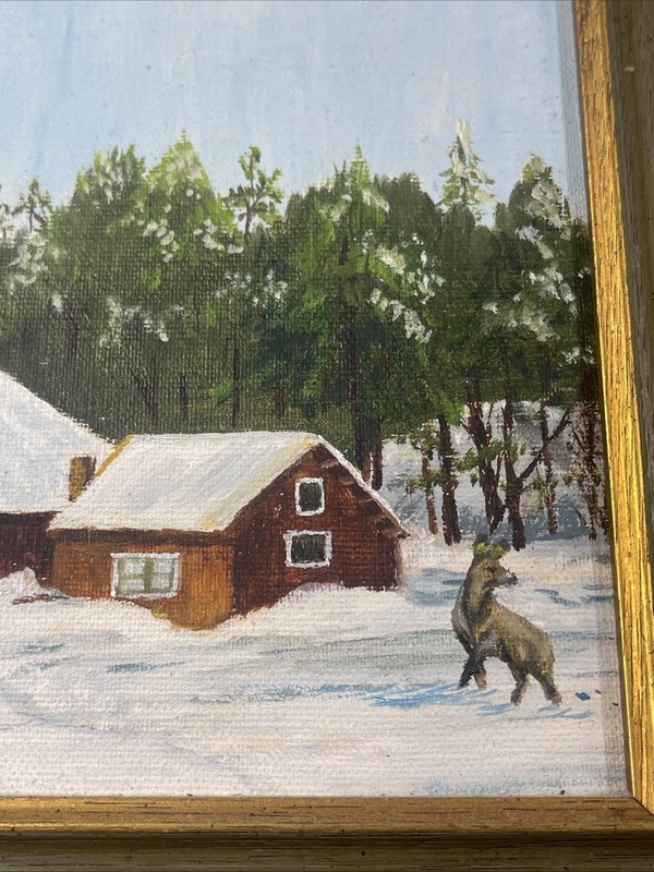 Original Oil Painting Rustic Country Barn Winter Landscape Framed 8.75”x8.75” gallery