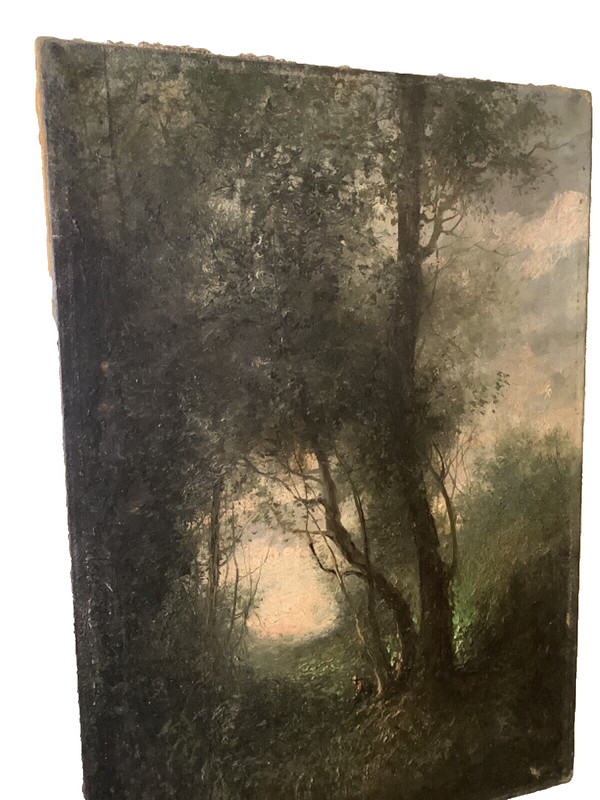 CAMILLE COROT SCHOOL - ANTIQUE FRENCH OIL 1860's - WOMAN UNDER A TREE AT SUNSET gallery