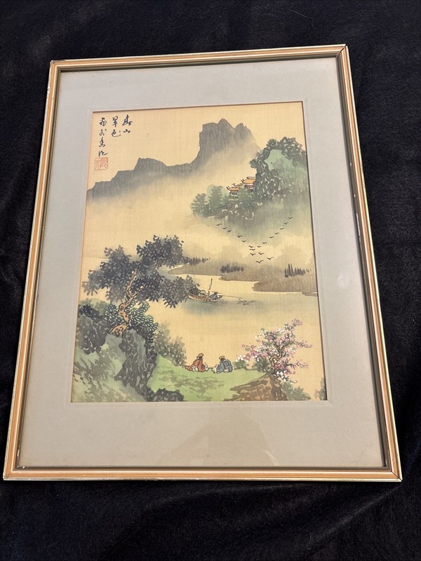 Original Hand Painted Asian Silk Painting 12.5 X 16.5 In. Framed With Glass