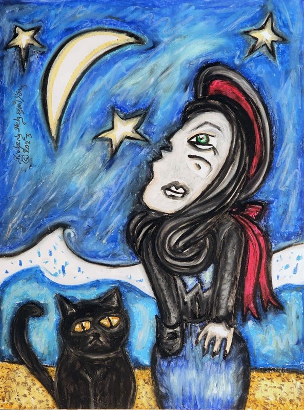BEACH Goth Girl Black Cat Cubism Original Pastel Painting 9×12 Cubist Art Figure