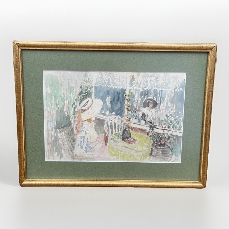 Watercolor Painting Framed Matted Woman Window Reflection Portrait 18×14