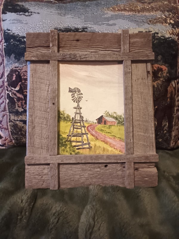 Vintage rustic barn and windmill painting primitive wood frame.