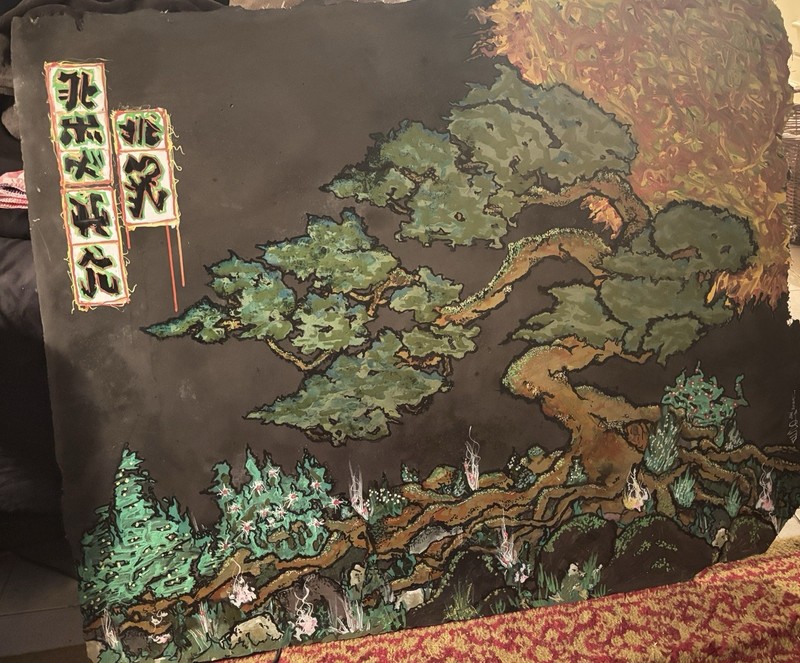 Abstract Asian Landscape Tree Painting Unframed With Character Stamps Nature Art