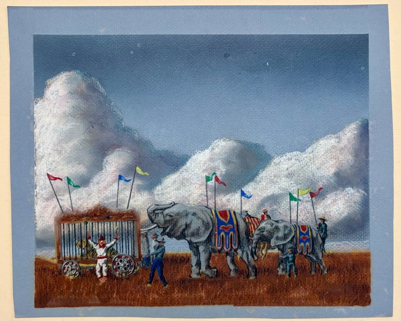 Vintage Pastel on Paper Unsigned Juggling Circus Clown Tiger Elephants Landscape