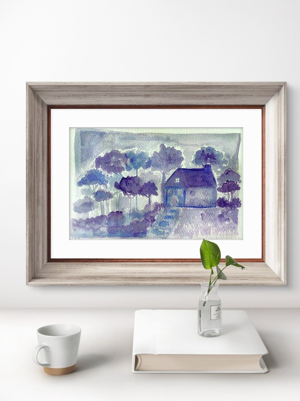 Cottage In The Woods Impressionist Tonal Original Watercolor 7x10 Cotton Signed gallery