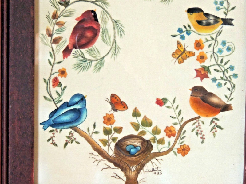 Dick & Marie DeVerter Theorem Painting on Velvet "Birds on Branch" Signed, Frame gallery