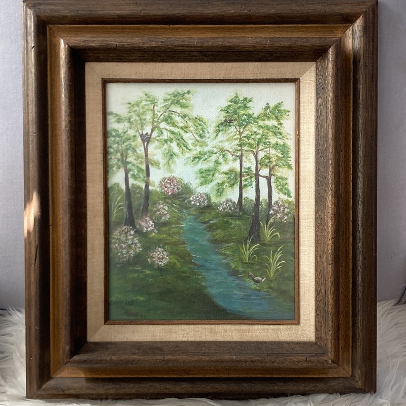 VTG Expressionist Painting Joan Lee Magical Forest Moody Landscape Framed Signed