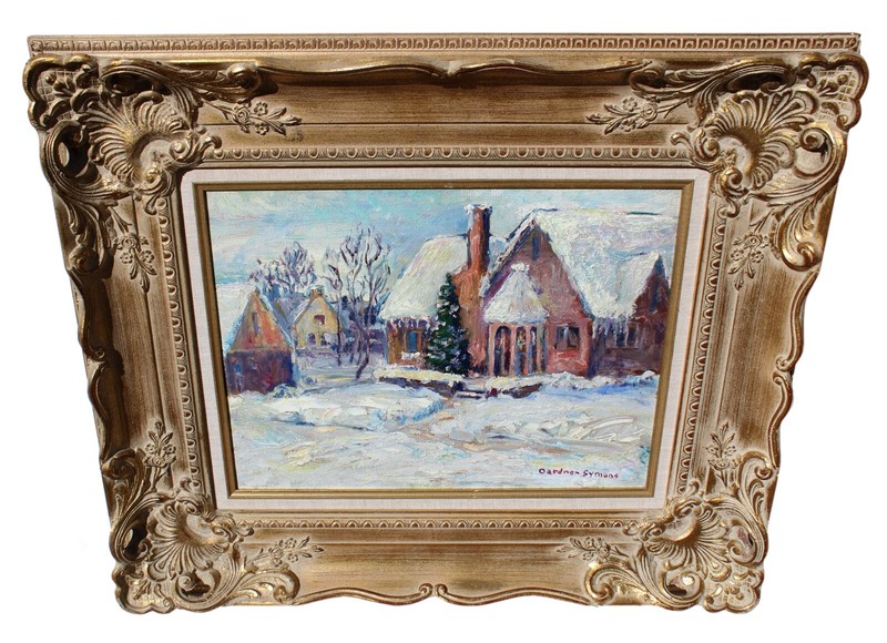 GEORGE GARDNER SYMONS OIL PAINTING WINTER LANDSCAPE HOUSES ORNATE FRAME LISTED