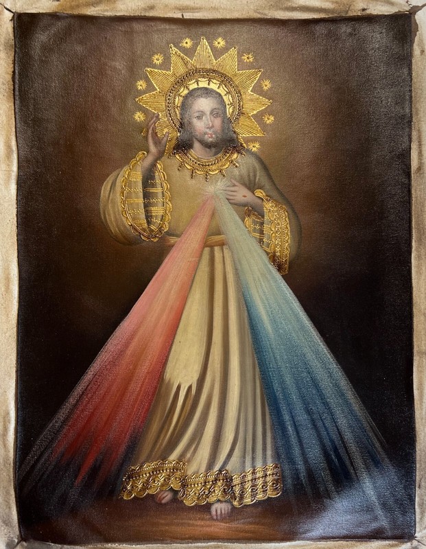 Divine Mercy Jesus- Painting on Canvas Cusco School of Art Original