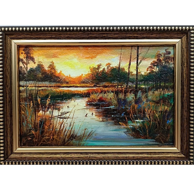 River Landscape Original Oil Painting 6×4 Framed Signed Sunset Lake Nature Art