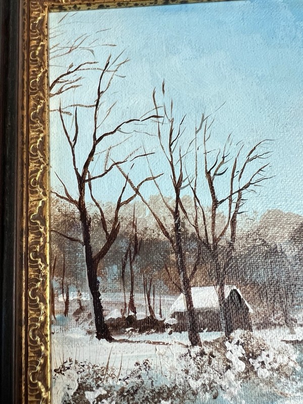 VTG ORIGINAL OIL ON CANVAS WINTER SCENE PAINTING SIGNED FRAMED 12x14” gallery