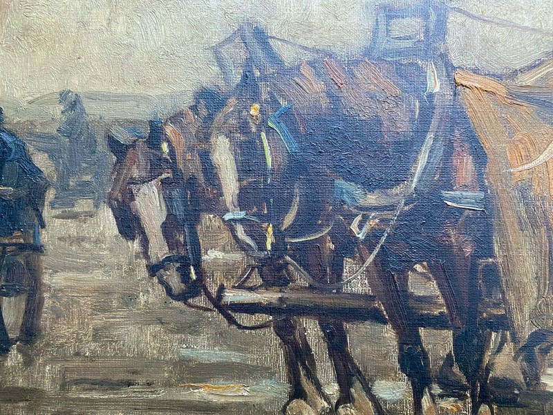 Frans Finally *1880 -1965 °Oil Painting Horse Team at the Beach Signed Frame gallery