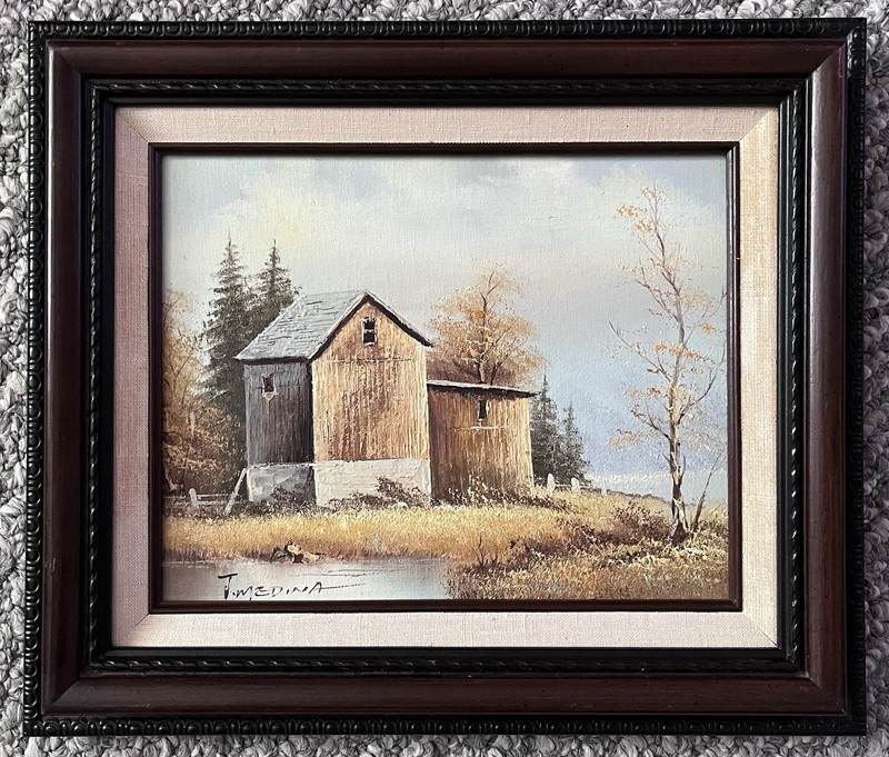 Framed Barn Scene Autumn Foliage Pond Oil Painting On Canvas Signed 14”x12” VTG