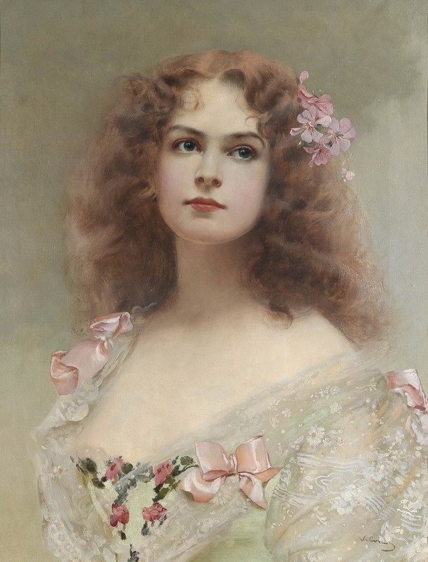 Classical Oil Painting Lady Red Curly Hair Floral Vintage Art Female Portrait gallery